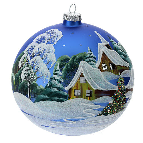 STOCK Bola de Natal vidro soprado 150 mm azul decoração paisagem nevada 3
