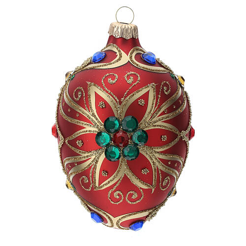 STOCK Drop-shaped Christmas ball 80 mm red blown glass with golden flower pattern 1