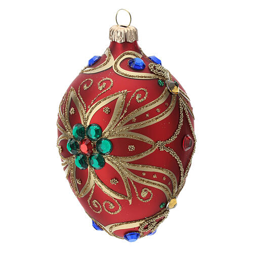 STOCK Drop-shaped Christmas ball 80 mm red blown glass with golden flower pattern 2