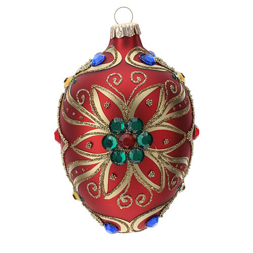 STOCK Drop-shaped Christmas ball 80 mm red blown glass with golden flower pattern 3