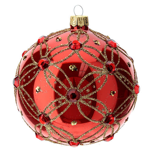 STOCK Bola para árvore de Natal vidro soprado cristais vermelhos decoração dourada 100 mm 1