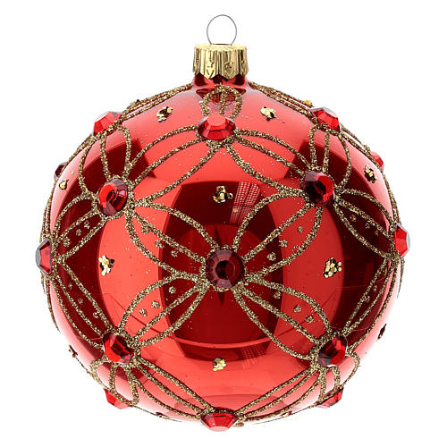 STOCK Bola para árvore de Natal vidro soprado cristais vermelhos decoração dourada 100 mm 3
