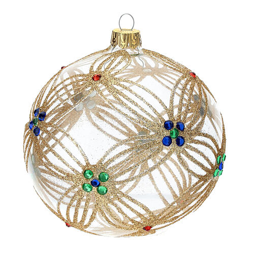 Weihnachtsbaumkugel aus Glas transparent mit bunten glitzernden Verzierungen, 100 mm 3