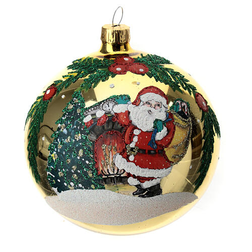 STOCK Pallina vetro soffiato 150 mm gialla decoro babbo Natale 1