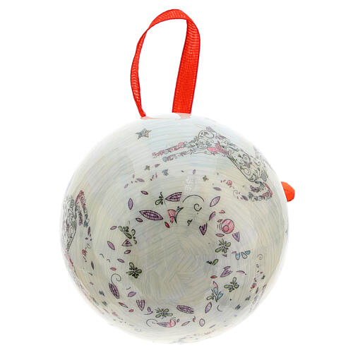 White Christmas ball 75 mm with floral decor (assorted) 5
