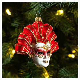 Red Venetian Mask Christmas tree decoration in blown glass