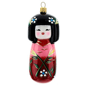 Boneca japonesa Kokeshi enfeite para árvore de Natal vidro soprado