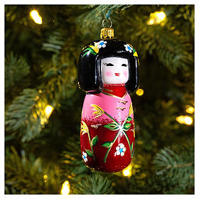 Boneca japonesa Kokeshi enfeite para árvore de Natal vidro soprado