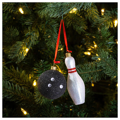 Bowling ball and pin Christmas tree decoration in blown glass 2