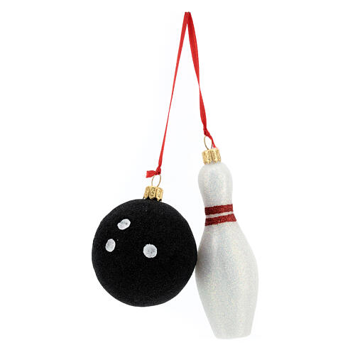 Blown glass Christmas ornament, bowling ball and pin 1