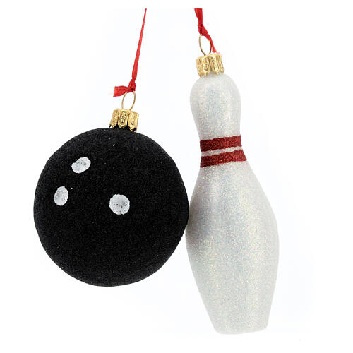 Blown glass Christmas ornament, bowling ball and pin 3