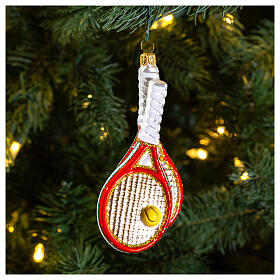 Tennis racket and ball Christmas tree decoration in blown glass
