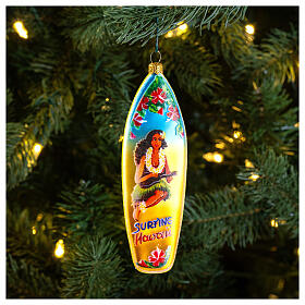 Blown glass Christmas ornament, surfboard