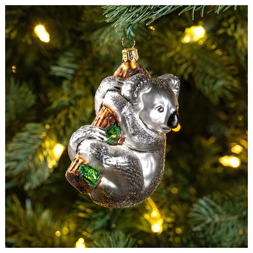 Blown glass Christmas ornament, koala on tree 2