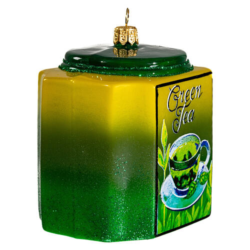 Blown glass Christmas ornament, green tea box 3