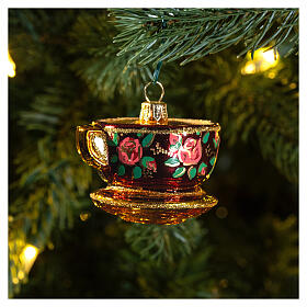 Decorated teacup blown glass Christmas tree decoration
