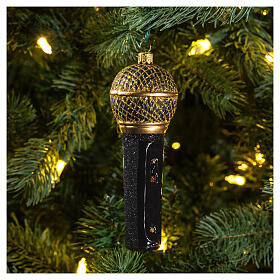 Blown glass Christmas ornament, microphone in black gold