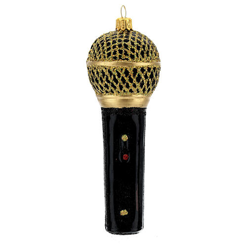 Blown glass Christmas ornament, microphone in black gold 1