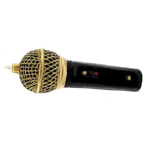 Blown glass Christmas ornament, microphone in black gold 6
