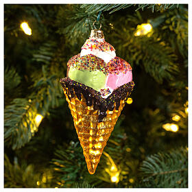 Cone de gelado enfeite para árvore de Natal vidro soprado
