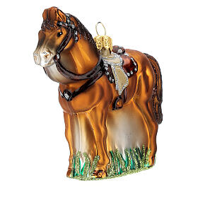 Blown glass Christmas ornament, saddled horse