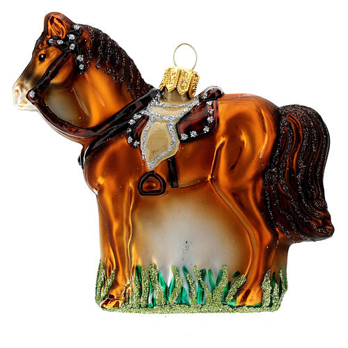 Blown glass Christmas ornament, saddled horse 1