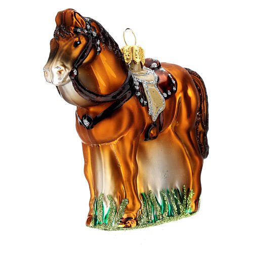 Blown glass Christmas ornament, saddled horse 3