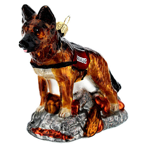Blown glass Christmas ornament, search dog 3