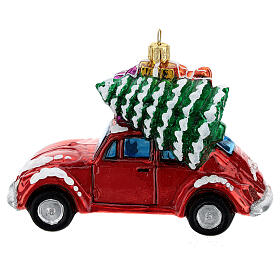 Christbaumschmuck aus mundgeblasenen Glas: Auto mit Geschenken und Baum mundgeblasenen Glas für Tannenbaum