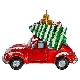Auto mit Geschenken und Baum, Weihnachtsbaumschmuck aus mundgeblasenem Glas