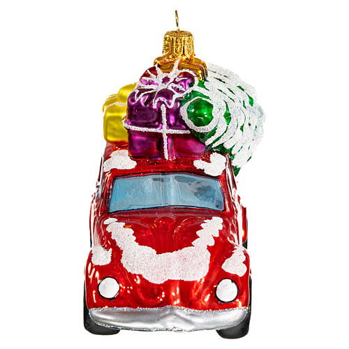 Blown glass Christmas ornament, car with gifts 3