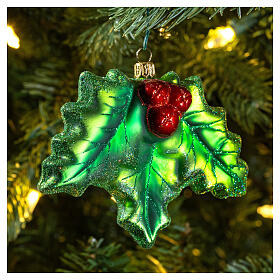 Azevinho enfeite vidro soprado para árvore Natal