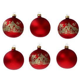 Palla albero Natale vetro soffiato rosso opaco glitter oro 80 mm 6 pz
