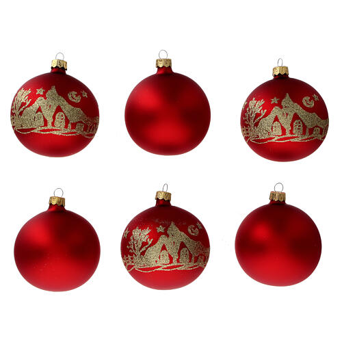 Glass Christmas balls in matte red gold glitter 80 mm 6 pcs 1