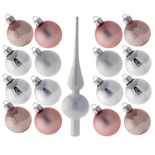 Set puntale 16 palle 50 mm albero Natale vetro soffiato bianco rosa argento 1