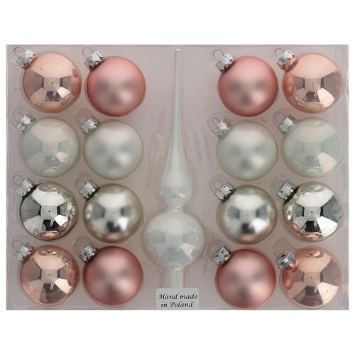 Set puntale 16 palle 50 mm albero Natale vetro soffiato bianco rosa argento 4