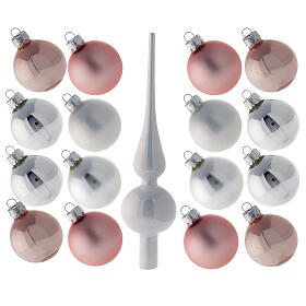 Conjunto ponteira e 16 bolas 50 mm para árvore de natal vidro soprado branco, cor-de-rosa e prata