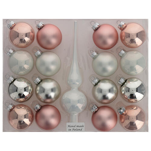 Finial tree topper and Christmas ball set 16 pcs blown glass white pink silver 4
