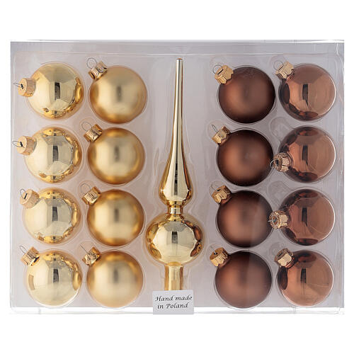 Christmas tree ornament set 15 pcs brown and gold 50 mm and finial tree topper 4