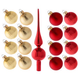 Set cimier et 16 boules de Noël 50 mm verre soufflé rouge et or