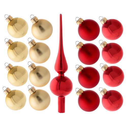 Set cimier et 16 boules de Noël 50 mm verre soufflé rouge et or 1