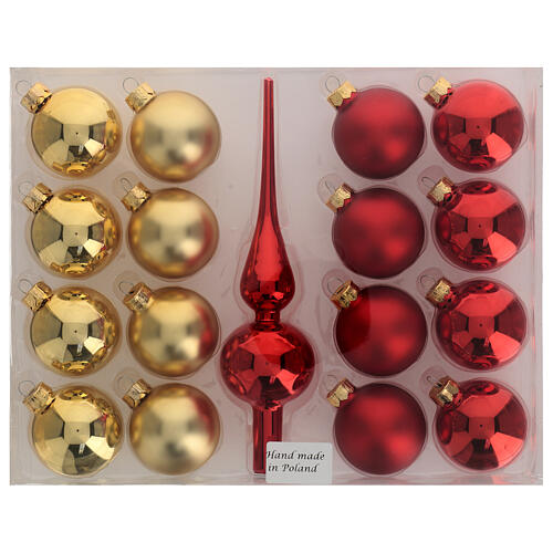 Set cimier et 16 boules de Noël 50 mm verre soufflé rouge et or 4