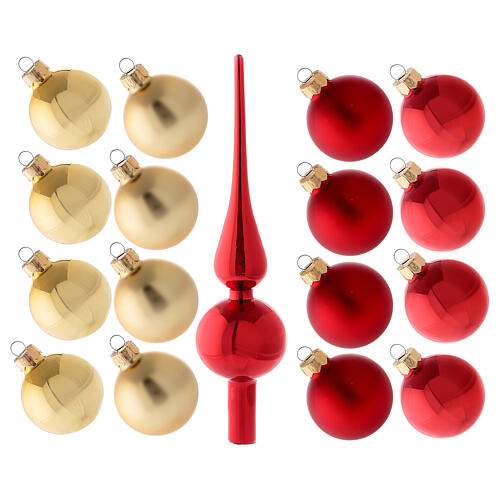 Conjunto ponteira e 16 bolas 50 mm para árvore de natal vidro soprado vermelho e ouro 1