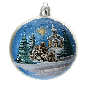 Christmas ball with Nordic Nativity and landscape in blown glass 150 mm