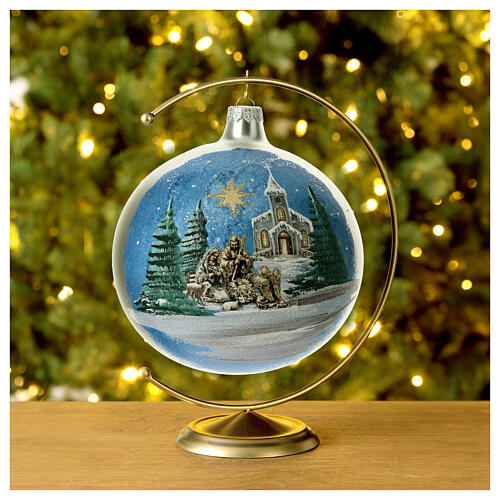 Christmas ball with Nordic Nativity and landscape in blown glass 150 mm 3
