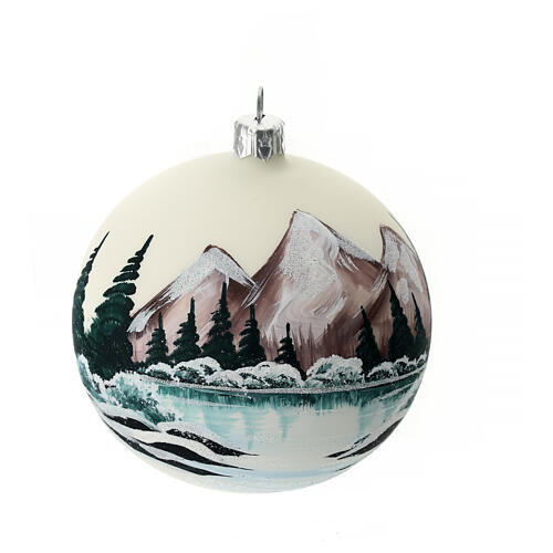 Christmas tree ball 100 mm in white blown glass with snow landscape 2