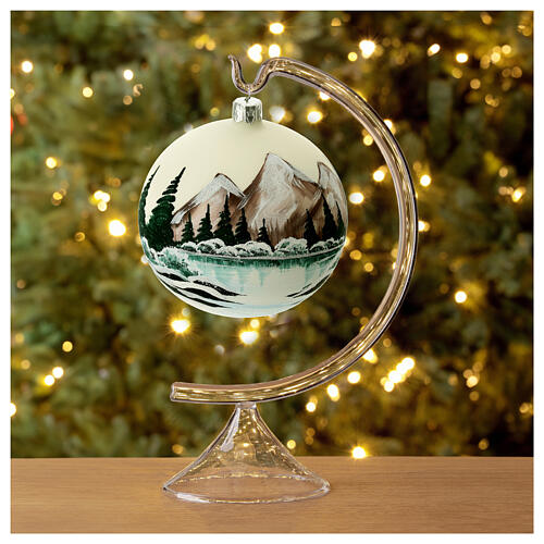 Christmas tree ball 100 mm in white blown glass with snow landscape 3