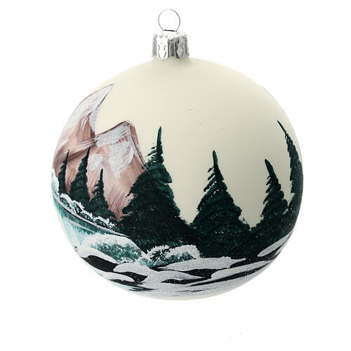 Christmas tree ball 100 mm in white blown glass with snow landscape 6