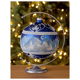 Boule de Noël montagnes enneigées verre soufflé bleu 150 mm
