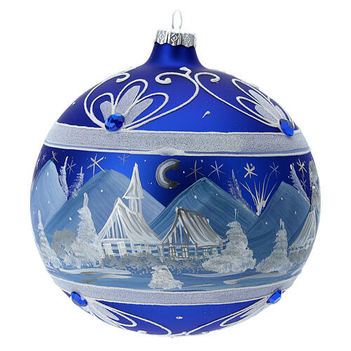 Boule de Noël montagnes enneigées verre soufflé bleu 150 mm 1